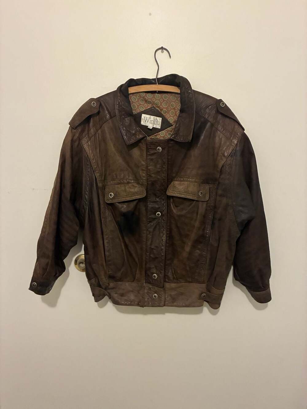 Winlit 1980s Leather Bomber Jacket Size L Brown Distressed Vintage Aviator